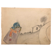 19th C. Double-Sided Naive Graphite & Crayon Drawing: Blue Bonnet, Sunflowers, Strawberries