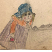 19th C. Double-Sided Naive Graphite & Crayon Drawing: Blue Bonnet, Sunflowers, Strawberries