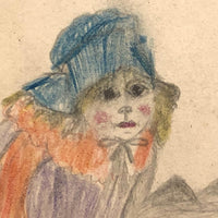 19th C. Double-Sided Naive Graphite & Crayon Drawing: Blue Bonnet, Sunflowers, Strawberries
