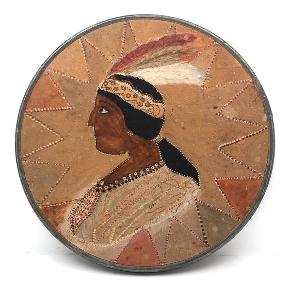 SOLD Wonderful Folk Art Portrait of Native American Woman on Barrel Lid