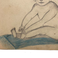 19th C. Double-Sided Naive Graphite & Crayon Drawing: Giant Baby Boy, Flowers