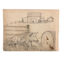 19th C. Naive Double-Sided Graphite Drawing: Pigs and Birds