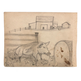 19th C. Naive Double-Sided Graphite Drawing: Pigs and Birds