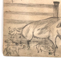 19th C. Naive Double-Sided Graphite Drawing: Pigs and Birds