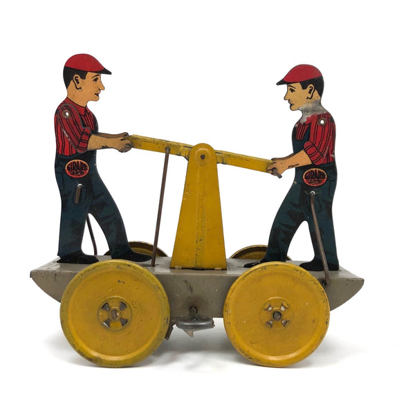 Fabulous c. 1940s Girard Mechanical Tin Litho Railroad Handcar, Working with Key