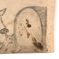 19th C. Naive Double-Sided Graphite Drawing: Pigs and Birds