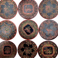 Set of Nine Vintage Burmese Yun-De Lacquer Coasters Decorated With Animals and Mythological Creatures