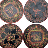 Set of Nine Vintage Burmese Yun-De Lacquer Coasters Decorated With Animals and Mythological Creatures