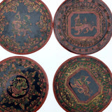Set of Nine Vintage Burmese Yun-De Lacquer Coasters Decorated With Animals and Mythological Creatures