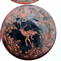 Set of Nine Vintage Burmese Yun-De Lacquer Coasters Decorated With Animals and Mythological Creatures