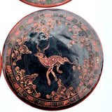 Set of Nine Vintage Burmese Yun-De Lacquer Coasters Decorated With Animals and Mythological Creatures