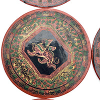 Set of Nine Vintage Burmese Yun-De Lacquer Coasters Decorated With Animals and Mythological Creatures