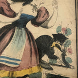 Antique Hand-colored Lithograph of Woman and Cat with Bird, c. 1840s-50s
