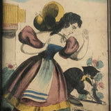 Antique Hand-colored Lithograph of Woman and Cat with Bird, c. 1840s-50s