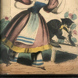 Antique Hand-colored Lithograph of Woman and Cat with Bird, c. 1840s-50s