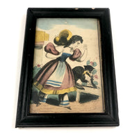 Antique Hand-colored Lithograph of Woman and Cat with Bird, c. 1840s-50s