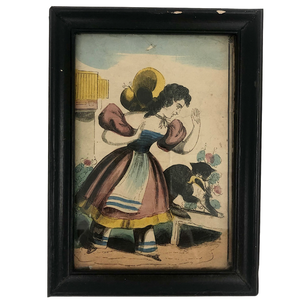 Antique Hand-colored Lithograph of Woman and Cat with Bird, c. 1840s-50s