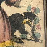 Antique Hand-colored Lithograph of Woman and Cat with Bird, c. 1840s-50s