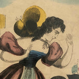 Antique Hand-colored Lithograph of Woman and Cat with Bird, c. 1840s-50s