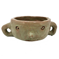 Fabulous Hand-formed Green Glazed Ceramic Face Bowl with Ear Handles