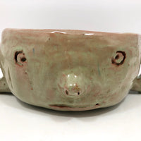Fabulous Hand-formed Green Glazed Ceramic Face Bowl with Ear Handles