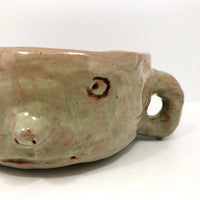 Fabulous Hand-formed Green Glazed Ceramic Face Bowl with Ear Handles