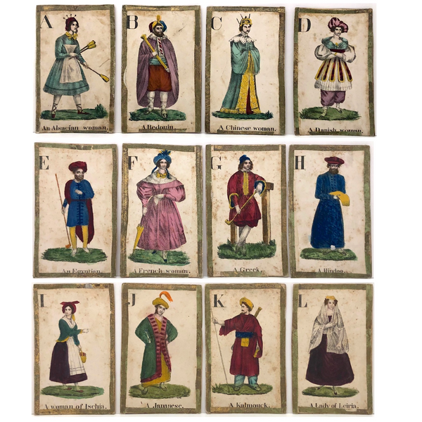 C. 1830s Handmade, Hand-colored Oversized Cards (Set of 24) Adapted from D.W. Kellogg's Alphabet of Different Nations