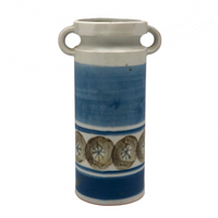 Pretty Hand-painted Cream and Blue Handled Vase, Presumed Mid-C Scandanavian
