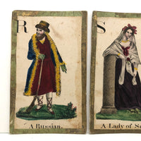 C. 1830s Handmade, Hand-colored Oversized Cards (Set of 24) Adapted from D.W. Kellogg's Alphabet of Different Nations