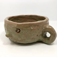 Fabulous Hand-formed Green Glazed Ceramic Face Bowl with Ear Handles