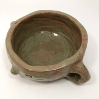 Fabulous Hand-formed Green Glazed Ceramic Face Bowl with Ear Handles