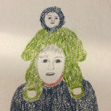 Large Signed Inuit Crayon and Graphite Drawing of Many Figures