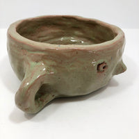 Fabulous Hand-formed Green Glazed Ceramic Face Bowl with Ear Handles