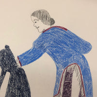 Large Signed Inuit Crayon and Graphite Drawing of Many Figures