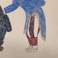 Large Signed Inuit Crayon and Graphite Drawing of Many Figures
