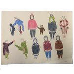 Large Signed Inuit Crayon and Graphite Drawing of Many Figures