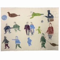 Large Signed Inuit Graphite and Crayon Drawing of Many Figures #2
