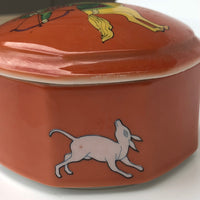 Pair of Vintage Mann, Japan ''Persian Hunter Circa 1642’ Handcrafted Porcelain Lidded Boxes / Bowls