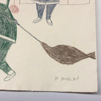 Large Signed Inuit Graphite and Crayon Drawing of Many Figures #2