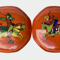 Pair of Vintage Mann, Japan ''Persian Hunter Circa 1642’ Handcrafted Porcelain Lidded Boxes / Bowls