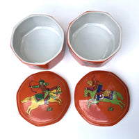 Pair of Vintage Mann, Japan ''Persian Hunter Circa 1642’ Handcrafted Porcelain Lidded Boxes / Bowls
