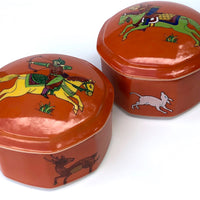 Pair of Vintage Mann, Japan ''Persian Hunter Circa 1642’ Handcrafted Porcelain Lidded Boxes / Bowls
