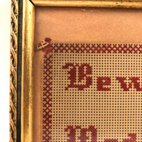 Beware of Modern Love, Old Punch Paper Needlepoint, Framed