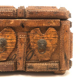 Marvelous Antique Tramp Art Box with Hearts Everywhere and Wallpaper Lining