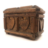 Marvelous Antique Tramp Art Box with Hearts Everywhere and Wallpaper Lining
