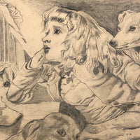 Marshall J. Rockwell Antique Pencil Drawings, Girl with Dogs and Portrait
