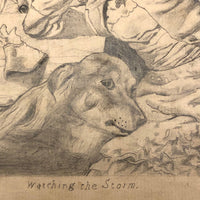 Marshall J. Rockwell Antique Pencil Drawings, Girl with Dogs and Portrait