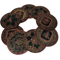 Set of Nine Vintage Burmese Yun-De Lacquer Coasters Decorated With Animals and Mythological Creatures
