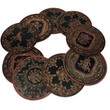 Set of Nine Vintage Burmese Yun-De Lacquer Coasters Decorated With Animals and Mythological Creatures