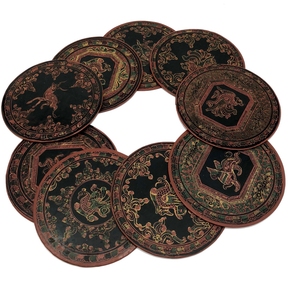 Set of Nine Vintage Burmese Yun-De Lacquer Coasters Decorated With Animals and Mythological Creatures